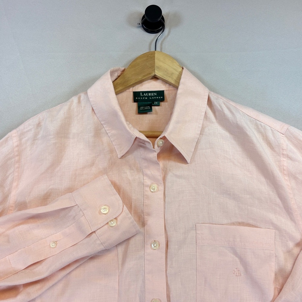 Lauren Ralph‎ Lauren Linen Shirt Womens 2X Peach Roll Tab Button Down